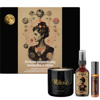 Zestaw Gwiazdka z nieba Miłość: brązowe pudełko z ilustracją kobiety, obok czarna świeca, spray, roll-on.