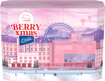 Opakowanie E. Wedel BERRY xmas, różowe z zimowym miasteczkiem, Ferris Wheel i łyżwiarzami, widok z przodu.