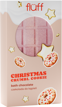 Fluff Christmas Crumbl Cookie bath chocolate w różowym opakowaniu z okienkiem, złotymi gwiazdami i donutami.