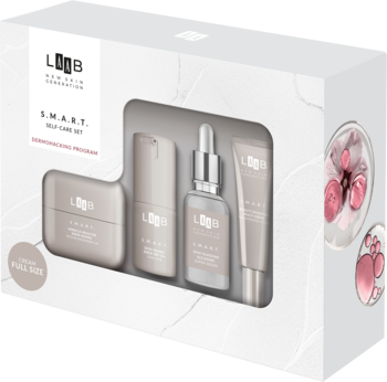 Zestaw anti-age L DOB S.M.A.R.T. DERMOHACKING PROGRAM, białe pudełko z okienkiem, widoczne 4 beżowo-srebrne kosmetyki.