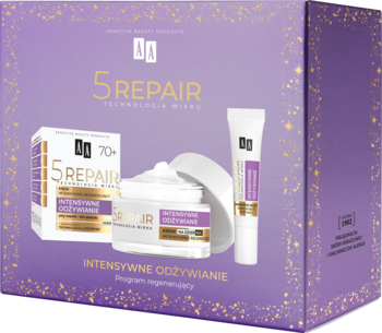 Zestaw AA 5 REPAIR, fioletowe pudełko z brokatem, krem 70+ i krem pod oczy, intensywne odżywianie dla skóry dojrzałej.