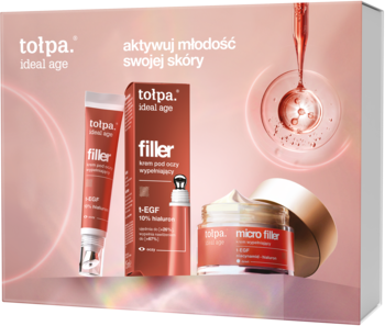 Zestaw Tołpa Ideal Age: serum Filler z t-EGF, pudełko i krem Micro Filler z hialuronem, na różowym tle.