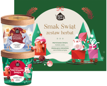 Świąteczny zestaw herbat: Przystanek Święta (rooibos) i Spadająca Gwiazdka (earl grey) na tle zimowej grafiki.