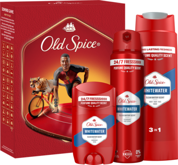 Czerwony Old Spice Zestaw Świąteczny Iron Man Whitewater: dezodorant, spray i żel 3w1. Widok z przodu.