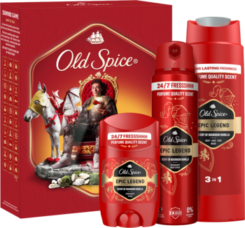 Zestaw kosmetyków Old Spice Epic Legend dla mężczyzn: dezodorant w sztyfcie, sprayu i żel pod prysznic. Czerwone opakowanie.