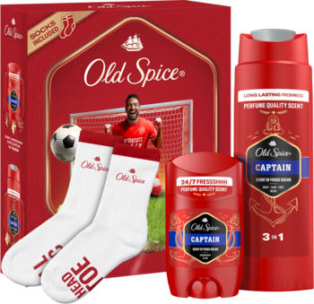 Old Spice Zestaw Świąteczny Footballer. Czerwone pudełko z piłkarzem, żel Captain, dezodorant i białe skarpety.