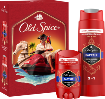 Zestaw świąteczny Old Spice Captain: czerwone pudełko z grafiką kapitana na jet ski, żel 3w1 i dezodorant w sztyfcie.