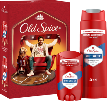 Old Spice Zestaw Świąteczny Sports Fan: czerwone pudełko z fanem i psem, czerwony żel i dezodorant Whitewater.
