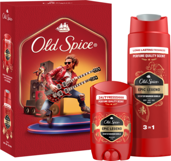 Old Spice Zestaw Świąteczny Epic Knight. Czerwone pudełko, żel 3w1, dezodorant. Na pudełku rockman z gitarą.