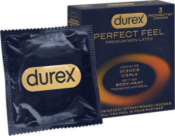 Durex Perfect Feel, nitrylowe, nie-lateksowe prezerwatywy. Widoczne pudełko i czarna saszetka z logo Durex.
