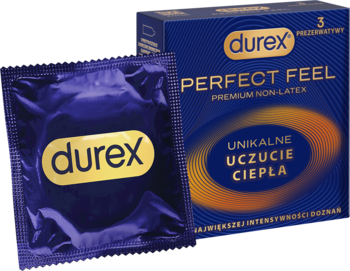 Fioletowa saszetka Durex Perfect Feel nielateksowe prezerwatywy i ciemnoniebieskie pudełko "Unikalne uczucie ciepła".