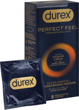 Durex Perfect Feel Premium Non-Latex: ciemne opakowanie ze złotym logo i prezerwatywa. Widoczny napis 'uczucie ciepła'.