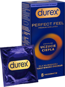 Durex Perfect Feel nielateksowe prezerwatywy, granatowe pudełko i folia z logo, widok z przodu.