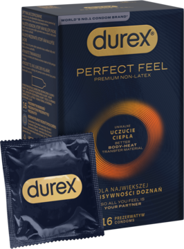 Prezerwatywy Durex Perfect Feel Premium Non-Latex: ciemnoniebieskie pudełko i pojedyncza folia obok, widok z przodu.
