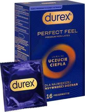 Durex Perfect Feel nielateksowe prezerwatywy 16 sztuk, z uczuciem ciepła, w niebiesko-złotym pudełku i saszetce.