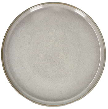Okrągły, beżowo-szary talerz obiadowy z matowej ceramiki, z delikatnym wzorem i szerokim rantem, widok z góry.
