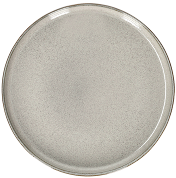 Okrągły, jasnoszary talerz z matowym, ziarnistym wykończeniem i delikatnym rantem, ujęcie z góry.