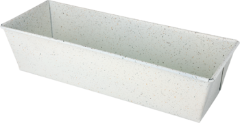 Doniczka prostokątna w kolorze białym, z delikatnymi beżowymi drobinkami, widok z góry pod kątem.