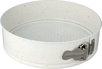 Okrągła tortownica nieprzywierająca w kremowym kolorze z nakrapianym wykończeniem i boczną klamrą, widok z góry.