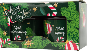 Świąteczny zestaw prezentowy z dwoma miodami (lipowym i świątecznym) w zielonym pudełku, widok z przodu.