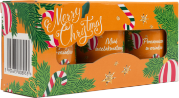 Zestaw prezentowy świąteczny: pomarańczowe pudełko "Merry Christmas" z gałązkami jodły. Widok przodu, zapachy mięta i granat.