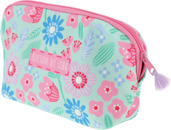 Eloy kosmetyczka, miętowa z różowo-niebieskim wzorem kwiatowym i różowym zamkiem, widok z przodu pod kątem.