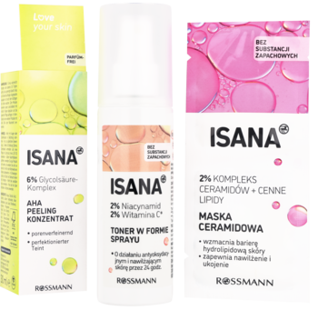 Trzy kosmetyki ISANA Rossmann: peeling AHA, toner z niacynamidem, maska ceramidowa, widok z przodu.