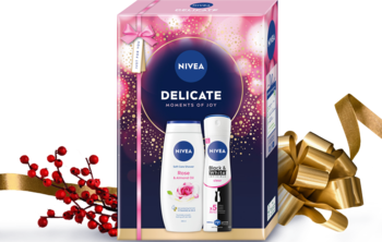 Różowy zestaw NIVEA Delicate: żel pod prysznic Rose & Almond Oil, antyperspirant Black & White Clear, widok pod kątem.
