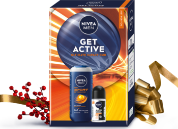 NIVEA MEN GET ACTIVE zestaw prezentowy dla aktywnych: żel pod prysznic Sport i antyperspirant roll-on. Widok z przodu.