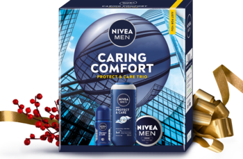 NIVEA MEN CARING COMFORT zestaw: żel 3w1, antyperspirant i krem, w granatowym pudełku, frontalny widok.