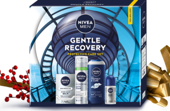 NIVEA MEN Gentle Recovery zestaw prezentowy, niebieskie pudełko z 4 produktami do pielęgnacji, na tle świątecznym.