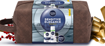 NIVEA MEN Sensitive Elegance: zestaw 4 produktów w eleganckiej brązowej kosmetyczce, idealny dla wrażliwej skóry.