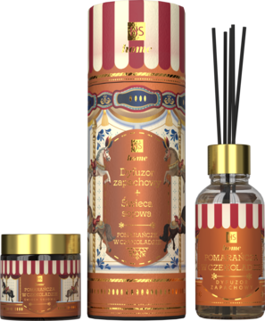 Hiskin zestaw świąteczny: dyfuzor, świeca sojowa i tuba z motywem karuzeli, zapach pomarańczy w czekoladzie.