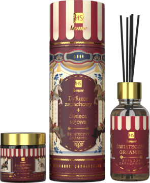 Hiskin świąteczny zestaw: tuba, świeca 100ml, dyfuzor 80ml, zapach grzanego wina. Design w paski cyrkowe, złote detale.