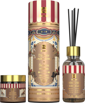 Hiskin zestaw świąteczny: dyfuzor i świeca o zapachu imbirowych pierniczków, w tubie z motywem karuzeli.