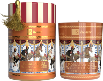 Hiskin świeca zapachowa pomarańcza w czekoladzie, w szklanym słoju z motywem karuzeli, obok ozdobnego pudełka.