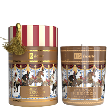 Świąteczny zestaw HS home: świeca Imbirowe Pierniczki i tuba z frędzelkiem, złoto-brązowy motyw karuzeli.