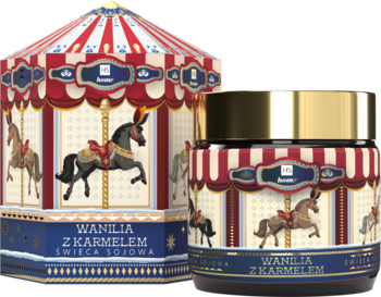 Hiskin świeca sojowa Wanilia z Karmelem, słoik ze złotą zakrętką i ozdobne pudełko karuzela, widok z przodu.