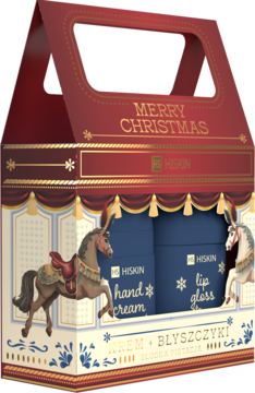 Hiskin zestaw świąteczny: czerwone pudełko z karuzelowymi końmi, granatowy krem do rąk i błyszczyk Merry Christmas.