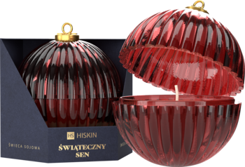 Hiskin świeca szklana bombka bordo "Świąteczny Sen", jedna w pudełku, druga otwarta z knotem.