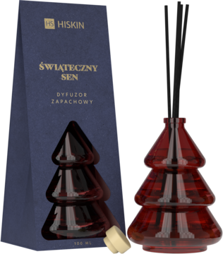 Dyfuzor Hiskin Świąteczny Sen w kształcie bordowej szklanej choinki, obok granatowego opakowania z wycięciem.