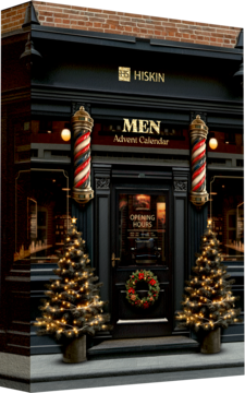 Elegancki ciemny sklep HISKIN z napisem 'MEN Advent Calendar', udekorowany świątecznymi drzewkami i barber poles.