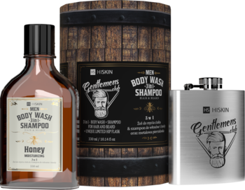 Hiskin Men zestaw: brązowy body wash Whisky Honey, tuba beczka, srebrna piersiówka, widok z przodu.