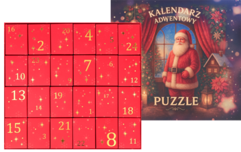 Czerwony kalendarz adwentowy Eloy z żółtymi numerami od 1 do 24, obok pudełko z motywem Mikołaja i napisem 'PUZZLE'.
