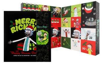 Eloy Kalendarz adwentowy Rick i Morty, widok z przodu z ponumerowanymi drzwiczkami i świąteczną grafiką.