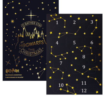 Eloy Harry Potter advent calendar for hair decorations. Dark blue with golden stars, numbered constellations and Hogwarts.