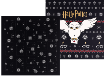 Eloy Kalendarz Adwentowy Harry Potter: czarny z Hedwigą, śnieżynkami i okularami. Widok na rozłożony kalendarz.