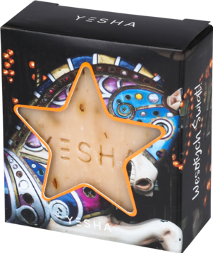 Wegańskie mydło YESHA w kształcie gwiazdy z płatkami róży w czarnym pudełku z karuzelą, widok z przodu pod kątem.