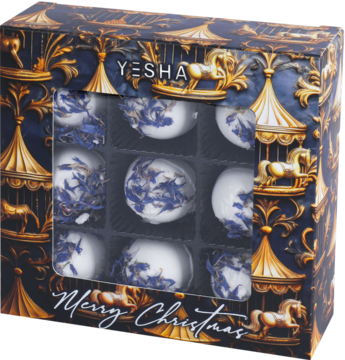 Zestaw 9 białych kul do kąpieli YESHA z chabrem w granatowym, złotym pudełku z karuzelami i napisem Merry Christmas.