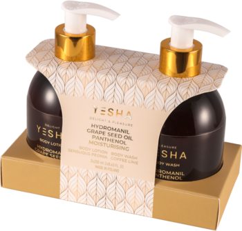 Yesha zestaw kosmetyków: balsam do ciała piwonia i żel coffee lime, ciemne butelki z pompkami, dekoracyjny rękaw.